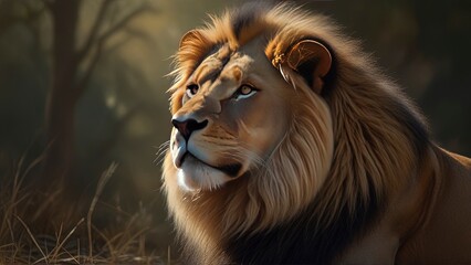 Majestic Lion Sprinting: Breathtaking Oil Painting of Savanna Scene.