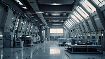 Fototapeta premium A secretive, vast underground research lab spans the size of a hangar, with expansive white and concrete interiors. Chrome accents provide a futuristic touch, a hyper-realistic sci-fi environment.