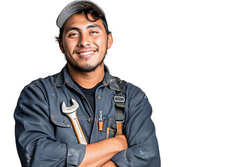 Portrait of a young mechanic holding a wrench on isolated transparent background