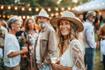 senior couple of woman and man guests dancing at party at boho wedding event. Parents of bride and groom celebrating.