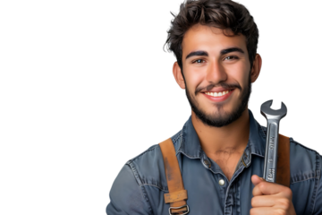 Portrait of a young mechanic holding a wrench on isolated transparent background