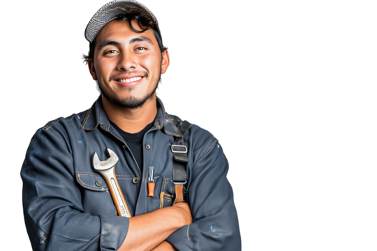 Portrait of a young mechanic holding a wrench on isolated transparent background