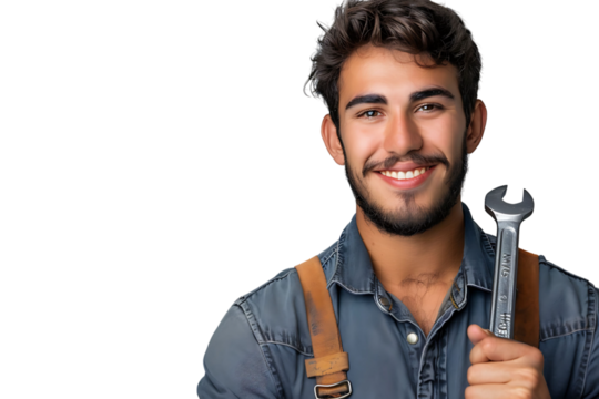 Portrait of a young mechanic holding a wrench on isolated transparent background