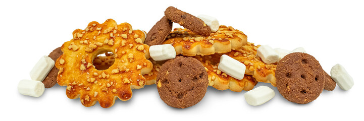Assorted cookies lying together isolated on a transparent background.