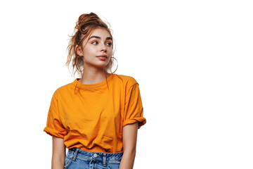 Fototapeta premium Young woman standing looking aside on isolated transparent background