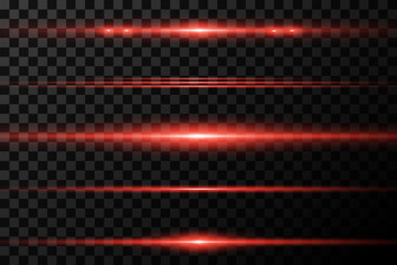 Set of red horizontal lines. Laser beams, beautiful light with glare. On a transparent background.