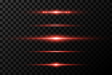 Set of red horizontal lines. Laser beams, beautiful light with glare. On a transparent background.