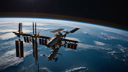 Naklejka premium A space station illuminated by the glow of a bright star.