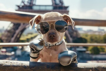 Adorable silver Weinerman dog wearing sunglasses, boxing in front of Eiffel Tower, symbolizing rest, sport, and adventures