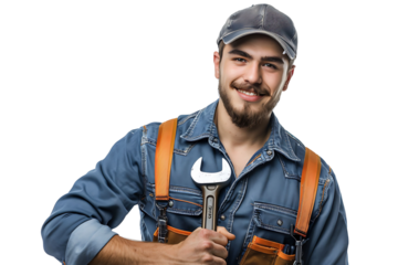 Portrait of a young mechanic holding a wrench on isolated transparent background