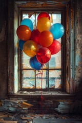 A cluster of vibrant balloons stands out against the backdrop of a decaying room with a cracked window, blending festivity with decay.
