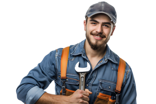 Portrait of a young mechanic holding a wrench on isolated transparent background