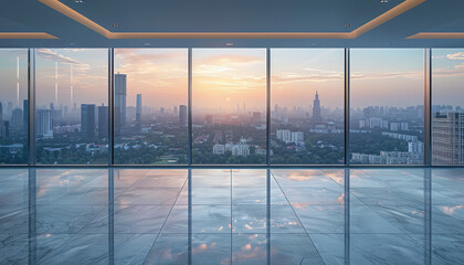 Fototapeta premium A large, empty room with a view of a city skyline by AI generated image