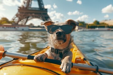 Adorable silver Weinerman dog with modern sunglasses enjoying a kayak ride with a view of the Eiffel tower, representing rest, sport, and adventures