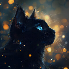 Black cat with blue eyes looking at the stars, in the style of realistic and hyper-detailed, glowing lights.