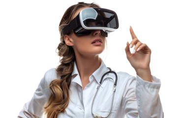 female doctor looking up and pointing with finger while using VR glasses on isolated transparent background
