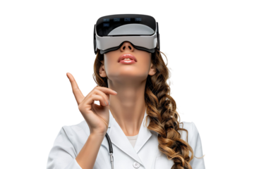 female doctor looking up and pointing with finger while using VR glasses on isolated transparent background