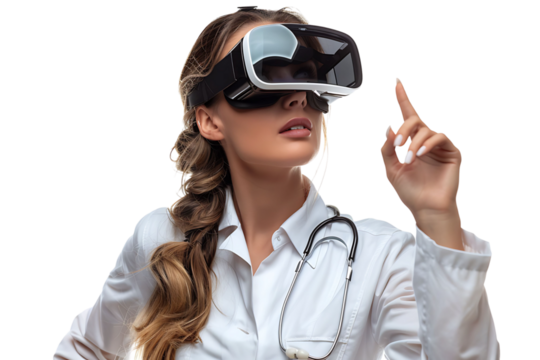 female doctor looking up and pointing with finger while using VR glasses on isolated transparent background