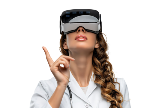 female doctor looking up and pointing with finger while using VR glasses on isolated transparent background
