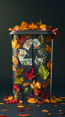 Photo realistic recycling bin icon with leaves for sustainable waste management concept