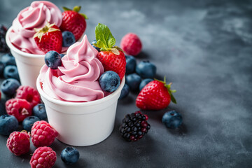 Two cups of pink frozen yogurt garnished with fresh strawberries, blueberries, and raspberries on a...