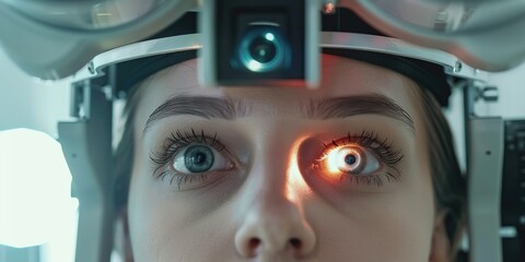Young woman her eyes checked with ophthalmic equipment. Eye exam and optometry for medical, vision and healthcare consultation, glaucoma check. Beautiful girl testing for eyecare. Optics, examination