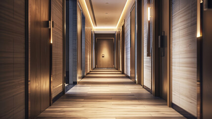 Modern hotel corridor with ambient lighting and wooden finishes, suitable for business travel or accommodation themes