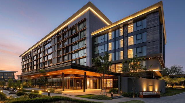 Modern hotel facade illuminated at dusk with warm lighting, landscaping, and clear skies, suitable for business travel and tourism concepts