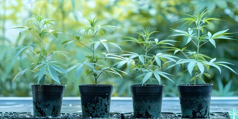 Cannabis plants cultivated in pots within a greenhouse. Concept Cannabis Cultivation, Indoor Gardening, Greenhouse Growing, Pot Planting, Medical Marijuana