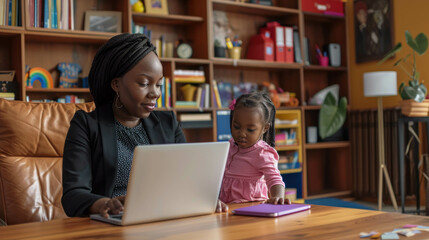 Black Businesswoman Mom Working On Her Laptop In Her Home With Her Daughter