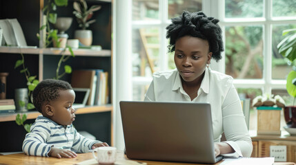 Black Businesswoman Mom Working On Her Laptop In Her Home With Her Son