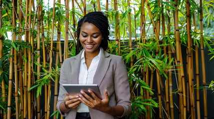 Black Businesswoman Using Tablet In Front Of A Green Wall Of Bamboo In The Courtyard Of Her Office