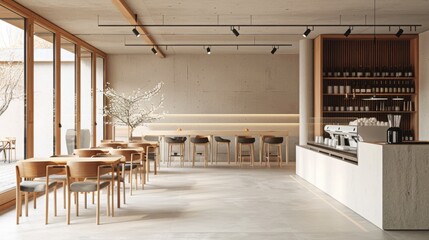 A spacious cafe with a minimalist design, wooden furniture, and a well-lit bar area.