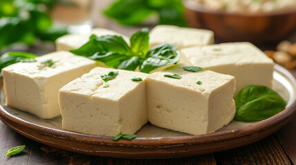A plate of white cheese cubes with green herbs on top