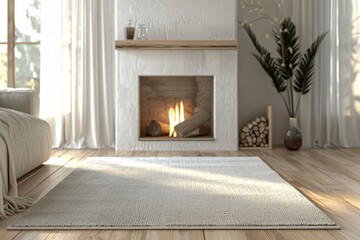 A living room with a fireplace and a rug