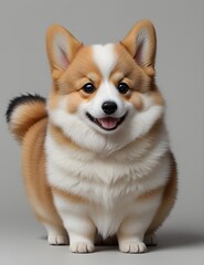 A fluffy cute smiling cartoon corgi dog with big, pleading eyes eagerly awaits its favorite snacks. Brown white black fur