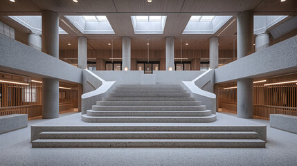 Obraz premium Spacious public building lobby with grand staircase and wooden accents