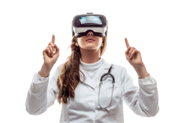 female doctor looking up and pointing with finger while using VR glasses on isolated transparent background