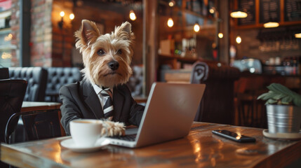 Fantasy concept pet and technology, dog in business suit using laptop with a cup of hot coffee in a cafe urban cozy interior design