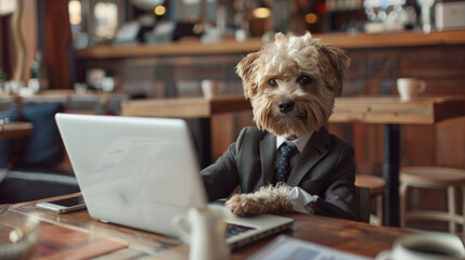 Fantasy concept pet and technology, dog in business suit using laptop with a cup of hot coffee in a cafe urban cozy interior design