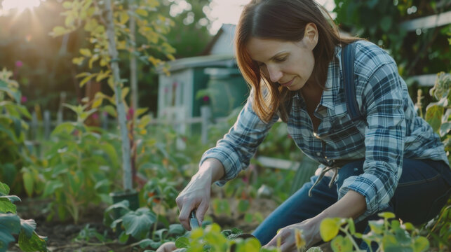 Happy life of a woman with gardening tool working in backyard herb garden.