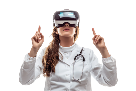 female doctor looking up and pointing with finger while using VR glasses on isolated transparent background