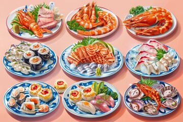 A kawaii isometric set of seafood dishes, each plate arranged to resemble ocean waves, model isolated on solid background