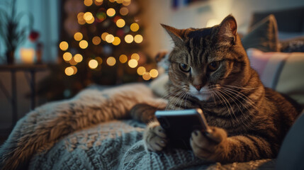 Fantasy concept pet and technology, cat using smartphone on the couch in living room cozy interior design