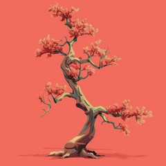 A painting isometric tree, with branches that twist into artistic patterns, model isolated on solid color background