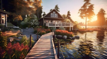 Panoramic view of a beautiful lake with a house in the background