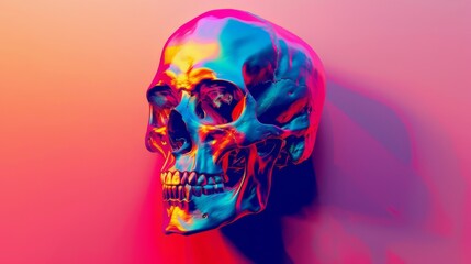 Colorful neon lit skull on a gradient background