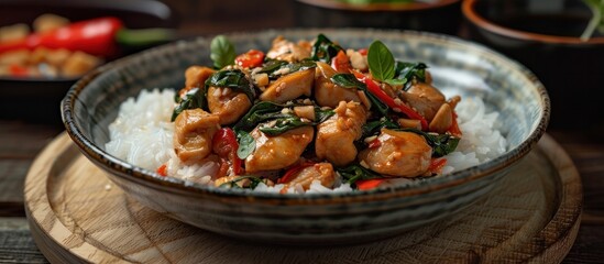 Flavorful Pad Kra Pao A Tempting Thai Stir Fried Basil Chicken Dish Plated on a Wooden Table - obrazy, fototapety, plakaty