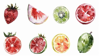 A set of watercolors of fruits, artistically depicting their juicy appeal, isolated minimal with white background