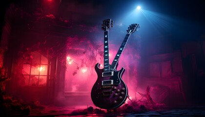 Electric guitar on stage in smoke and fog. Electric guitar on stage with lights and smoke. Rock...